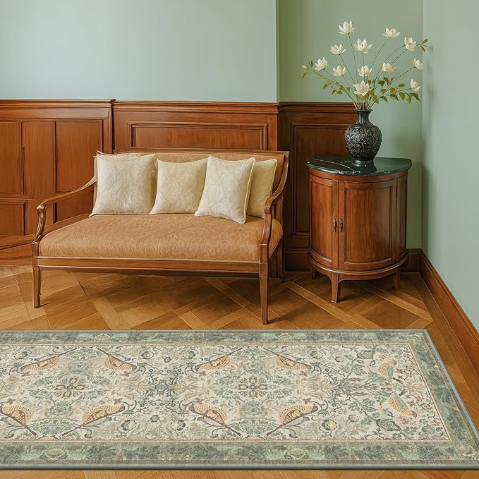 8ft Long Floral Kitchen Runners - Sage 2x8 Runner Rug for Hallway Bathroom Laundry Room Bedroom Beside Bed Entryway, Boho Birds Leaves Patterned Non Slip Low Pile Washable Rugs
