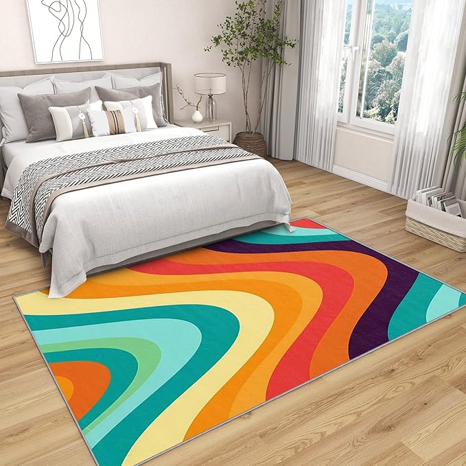 Retro Rugs for Living Room 70s - 5x7 Area Rugs, Abstract Wave Rug, Colorful Rainbow Rug for Living Room, Groovy Geometric Washable Bedroom Carpet, Mid Century Retro 70s Home Decor & Gifts