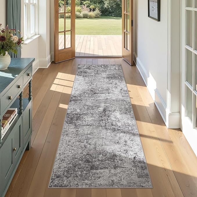 Washable Runner Rug for Hallway: 2x6 Neutral Modern Abstract Low Pile Area Rug with Non-Slip Backing - Carpet for Bedroom Kitchen Laundry Entryway Bathroom Indoor - Grey