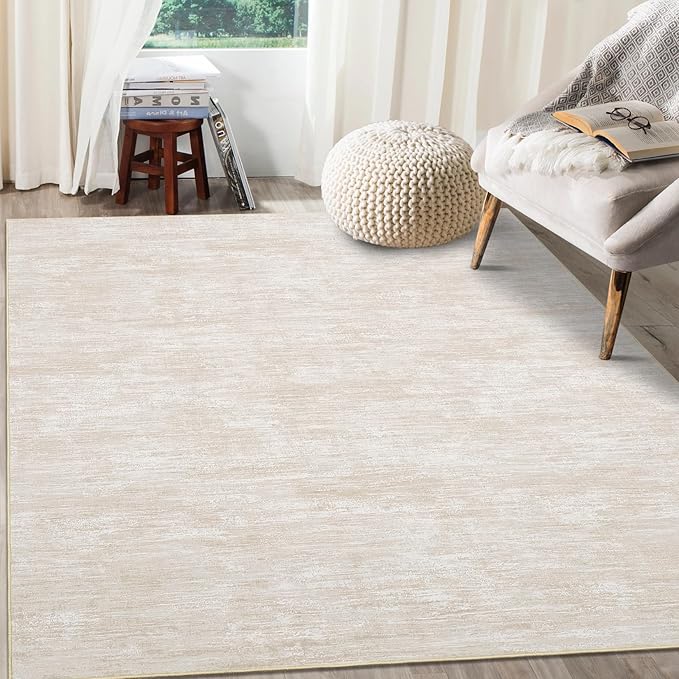 RUGSREAL Living Room Area Rug 9x12 Machine Washable Rug Non-Slip Stain Resistant Modern Abstract Bedroom Rug Contemporary Throw Floor Carpet for Dining Room Solid Area Rug for Home Office, Beige