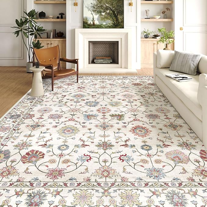 Area Rugs 9x12 Living Room - Large Washable Cream Boho Rugs for Bedroom Soft Vintage Rug Ultra-Thin Colorful Traditional Floral Carpet Farmhouse Rug for Dining Room Guest Room Home Decor