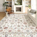 Area Rugs 9x12 Living Room - Large Washable Cream Boho Rugs for Bedroom Soft Vintage Rug Ultra-Thin Colorful Traditional Floral Carpet Farmhouse Rug for Dining Room Guest Room Home Decor