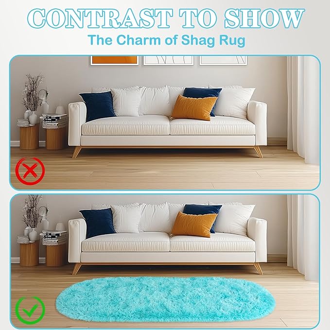 Soft Fluffy Area Rug for Bedroom, Teal Blue Fuzzy Shaggy Oval Throw Rugs for Bedside, Non-Slip Cozy Plush Shag Carpet for Kids Room Nursery Dorm Living Room, 2.6 x 5.3 Feet