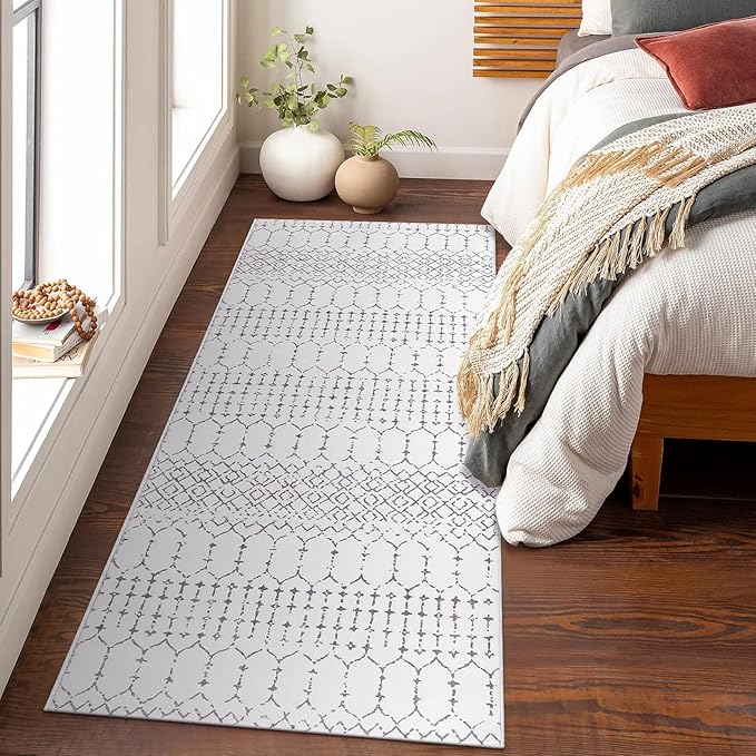 Lahome Moroccan Small Runner Rug 2x5 Rug Runner Non-Slip Washable Rug Runner Throw Lightweight Hallway Rugs Indoor Laundry Room, Geometric Print Carpet Runners for Bedroom Kitchen (White, 2'x5')
