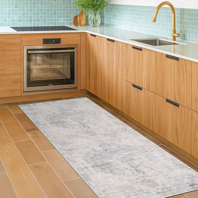 Light Blue 2x5 Kitchen Rug Runner Non Slip - Non Slip Washable Rug for Bathroom, Laundry Room, Hallway, Unique Tan Abstract Eclectic Runner Décor