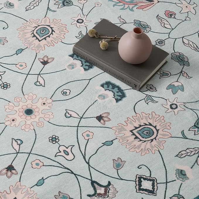 EVERGRACE Hallyway Area Runner Rugs 2x8, Boho Floral Faux Wool Indoor Outdoor Rugs, Washable Rugs for Bedroom Dining Room Living Room Kitchen, Low Pile Floor Mat Carpet for Home Decor, Pale Blue