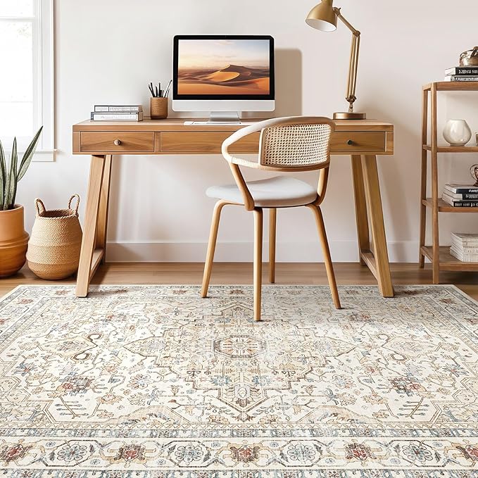 9x12 Area Rug Living Room: Washable Boho Large Neutral Vintage Soft Rugs Stain Resistant Farmhouse Non Slip Indoor Floor Carpet for Bedroom Nursery Kids Playroom Office Dining Room- Cream Blue