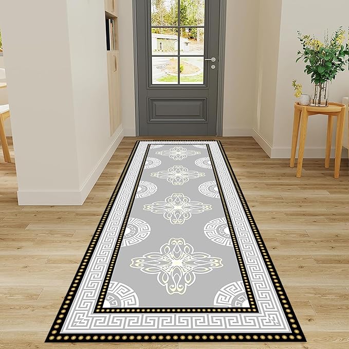 Boho Long Runners Carpet, 2x6ft, Modern Geometric Bohemian Print with Greek Key Grey Long Hallway Rug, Low-Profile Non Slip Rubber Backed Flat Rugs for Relax Room Entryways