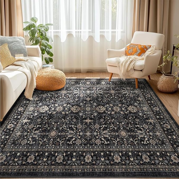 Area Rug Non Slip Machine Washable Ultra Soft Living Room/Bedroom/Kitchen/Outdoor/Classroom Black Grey, 10'×14'