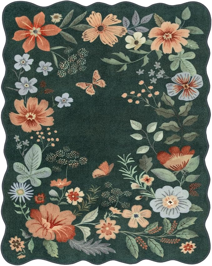 Lahome Floral Washable Rugs 8x10, Non-Slip Soft Bedroom Rug Stain Resistant, Ultra-Thin 8x10 Rugs for Living Room Easy Clean Boho Accent Carpet for Dining Room Office(8x10ft,Dark Green)