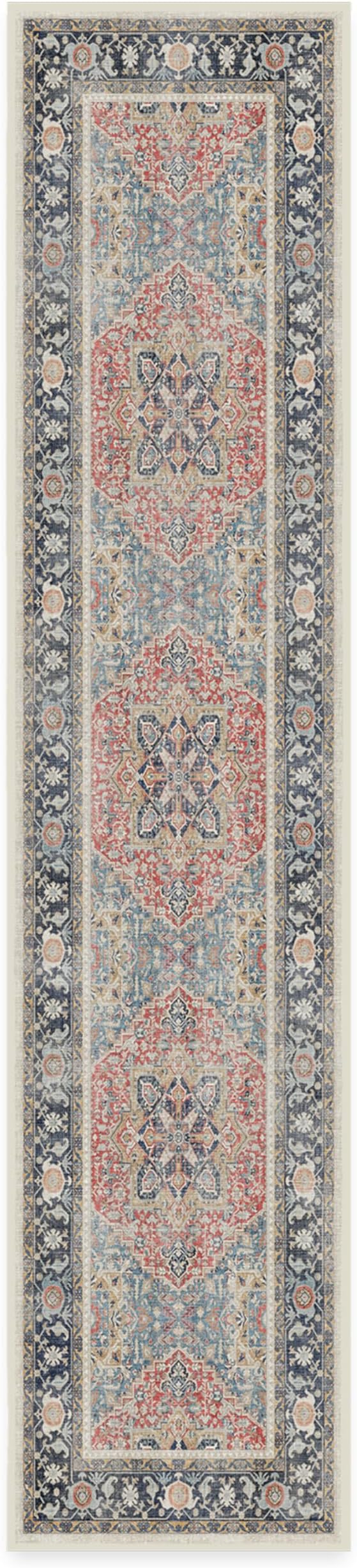 RUGGABLE Washable Vintage Runner Rug – Kamran Cayenne Red 2.5x12, Stain-Resistant, Non-Slip Hallway Runner – Machine Washable Rug for Hallway, Entryway, Living Room & Kitchen–with Standard Pad