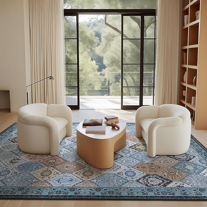 Phantoscope Washable Area Rug 6'x9' Non-Slip, Vintage Boho Rugs for Living Room, Bedroom, Dining Room, Distressed Moroccan Mosaic Diamond Pattern, Low-Pile Foldable Floor Carpet, Blue Teal/Neutral