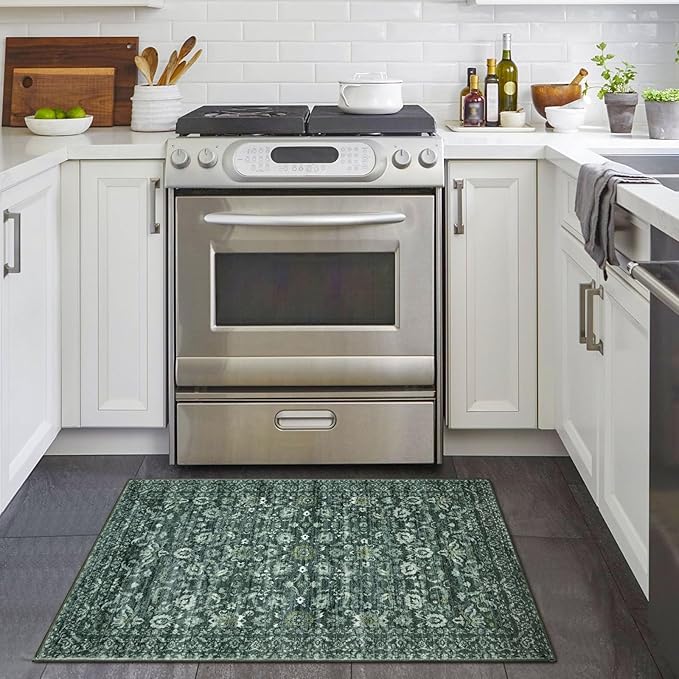 Vintage Entryway Rug 2x3 Washable, Dark Green White Kitchen Rug, Super Soft Thin Faux Wool Small Area Rug, Non-Slip Accent Mat for Foyer, Bedroom, Office