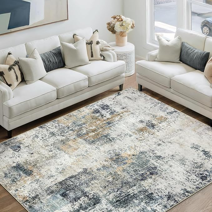 Washable Area Rug 5x7 - Neutral Modern Abstract Rugs, Soft Non Slip Thin Carpet with for Bedroom, Under Dining Room Table, Home, Office, Dorm, Office Rolling Chair - Green Yellow