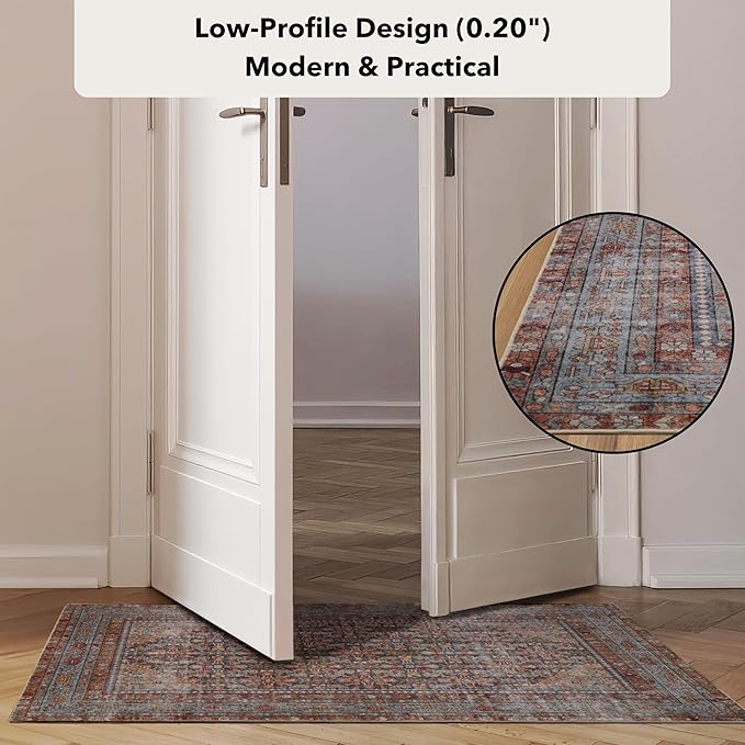 Kuden 2'6"x10 Runner Rug, Machine Washable Area Rug with Non-Slip Backing, Vintage Style, Soft, Easy Clean, Low Pile Rug for Hallway, Entryway, Kitchen, Bedroom