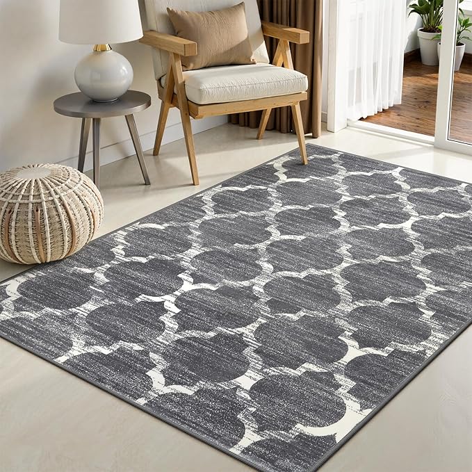 Lahome Moroccan Washable Rugs 3x5 Entryway Rug- Small Rugs for Bedroom Throw Non-Slip Low-Plie Kitchen Rug Soft Grey Distressed Capet for Office Bathroom Living Room Dining Room