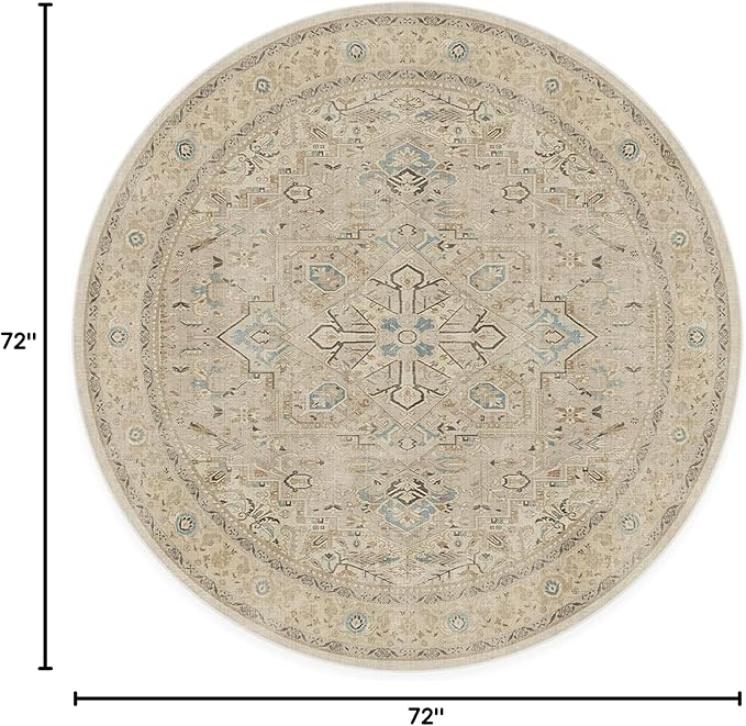 RUGGABLE Washable Vintage Area Rug – Kamran Ivory Opal 6 ft Round, Stain-Resistant, Non-Slip – Medium Machine Washable Rugs for Living Room, Bedroom, Hallway, Entryway & Office–with Standard Pad