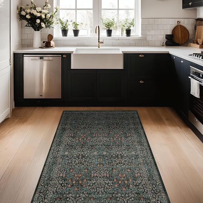 Dark Green Washable Entry Rug, 3x4 Rugs for Entryway Kitchen Bathroom Door Mat Indoor Entrance, Non Slip Rubber Backing, Stain & Fade Resistant, Vintage Floral Design