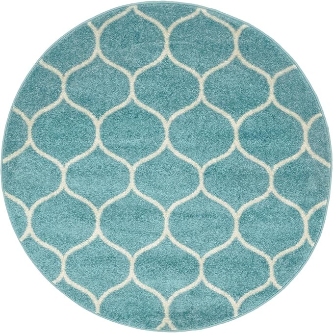 Rugs.com Lattice Frieze Collection Rug – 4' Round Light Blue Medium Rug Perfect for Kitchens, Dining Rooms