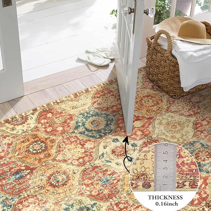 Lahome Moroccan Machine Washable Rugs for Living Room, 4x6 Rug for Bedroom Non-Slip Vintage Trellis Ultra-Thin Throw Carpet for Dining Room Office Nursery, Red/Orange