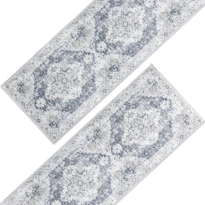 jinchan Kelda Runner Rug 2x5-2pcs Hallway Rug Kitchen Washable Runner Vintage Mat Retro Print Lightweight Non-Slip Floor Cover Distressed Thin Carpet for Entryway Bathroom Bedroom Laundry Room Grey