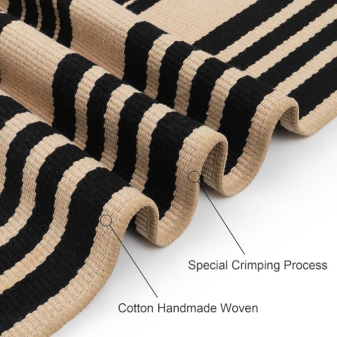 Black and Khaki Striped Rug 5'x7', Washable Outdoor Rugs Cotton Hand Woven Front Porch Rugs, Reversible Patio Rug Foldable Large Throw Rugs for Living Room Home Entrance