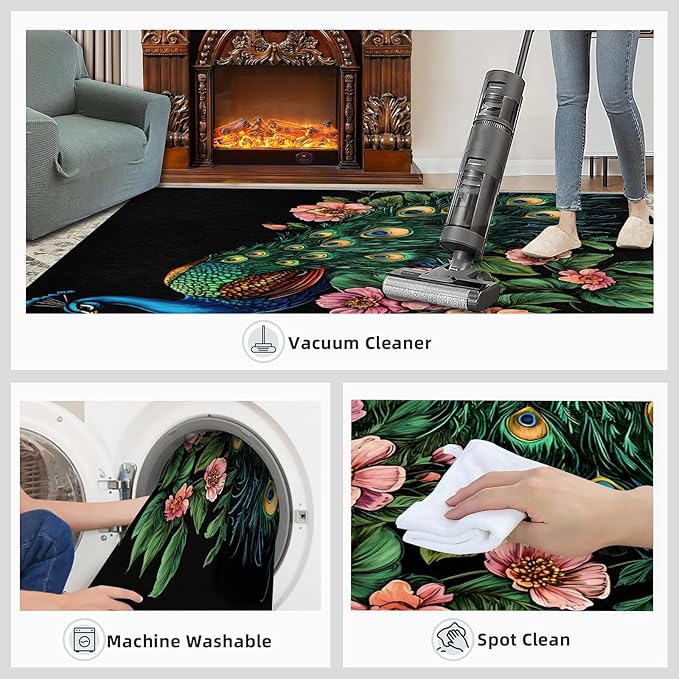 Peacock Peony Rugs for Bedroom - 5x8 Rug, Classic Peacock Peony Area Rugs for Living Room, Teal Turquoise Carpet, Floral Plant Washable Area Mat, Aesthetics Carpet - Peafowl Home Decor & Gifts