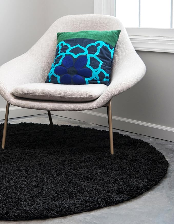 Unique Loom Solid Shag Collection Area Rug (4' 1" Round, Jet Black)