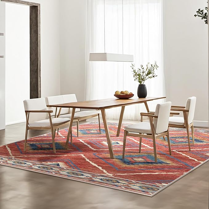 Area Rug 8x8 Rug Machine Washable Non-Slip Low Pile Print Pattern Western Rug for Living Room Bedroom Entryway Tribal Series -Red/Orange