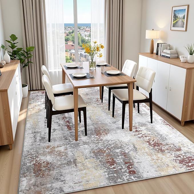 Washable Abstract Rug, 6x9 Modern Area Rugs with Non-Slip Rubber Backed for Living Room, Thin but Soft Contemporary Carpet Kitchen Bedroom Dining Room Decor, Rusty Brown