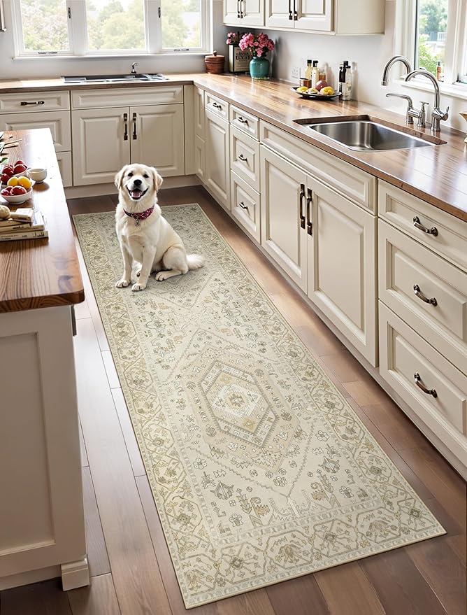 SERISSA Boho Washable Runner Rug, 2x6 Non-Slip Kitchen Runner Rug Vintage Beige Hallway Rug Ultra Soft Print Distressed Oriental Floor Carpet Runner for Bedroom Bathroom Laundry Living Room