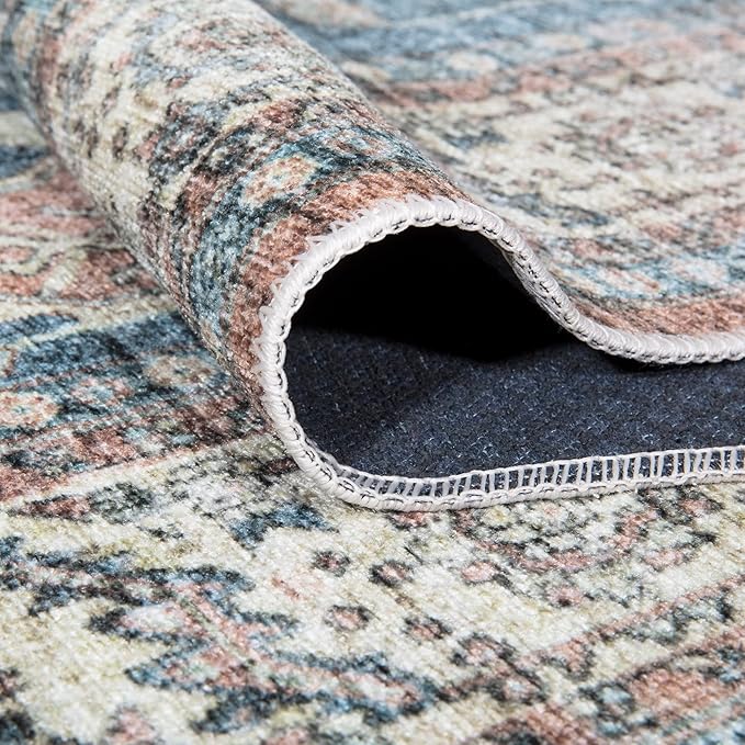 Bloom Rugs Caria Washable Non-Slip 6x9 Rug - Coral Pink/Ocean Blue Traditional Area Rug for Living Room, Bedroom, Dining Room, and Kitchen - Exact Size: 6' x 9'