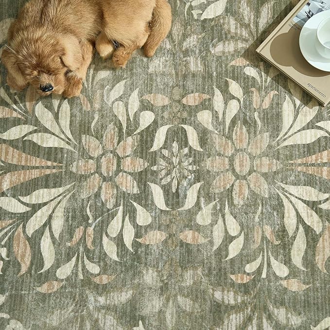 jinchan Vintage Floral Runner Rug 2x6 - Machine Washable Distressed Design Non-Slip Low-Pile Soft Thin Carpet for Hallway Kitchen Farmhouse Bedroom Entryway Laundry Room (2x6ft,Dark Green)