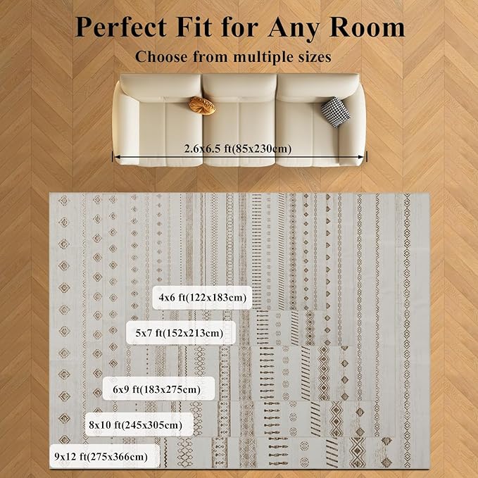 Washable Rugs 5x7 Area Rugs for Living Room, Thin Carpet for Bedroom, Boho Soft Faux Wool Retro Dining Room Rug，Non Slip&Non-Shedding Resistant Low Pile Vintage Print Rug for Home Office (Beige)