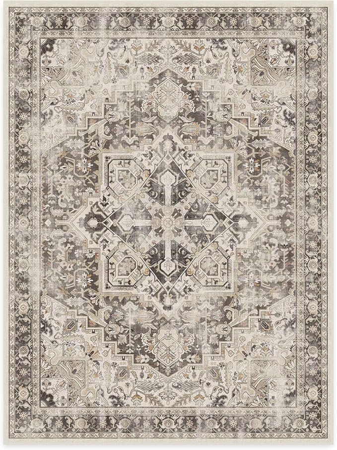 RUGGABLE Washable Vintage Area Rug – Kamran Hazel 9x12, Stain-Resistant, Non-Slip – Large Machine Washable Rugs for Living Room, Bedroom, Hallway, Entryway & Office–with Cushioned Pad