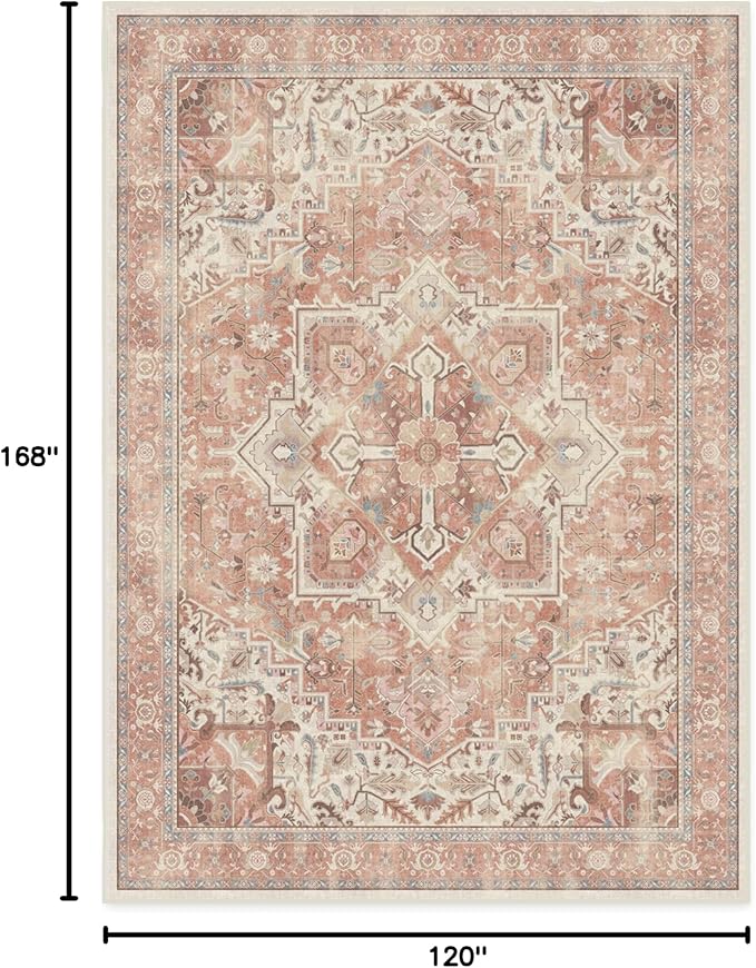 RUGGABLE Washable Area Rug – Kamran Rose Pink 10x14, Stain-Resistant, Non-Slip – Large Machine Washable Rugs for Living Room, Bedroom, Hallway, Entryway & Office–with Cushioned Pad