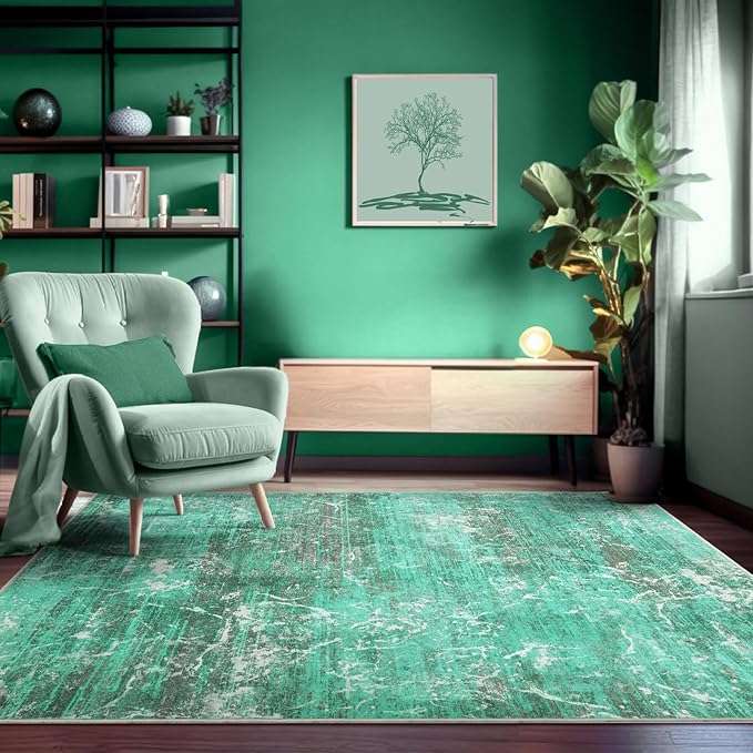 Abstract Green 5x7 Area Rug, Modern Teal Throw Rugs for Living Room, Washable Soft Large Non-Slip Accent Carpet Floor Mat for Dining Room Office Bedroom - Turquoise
