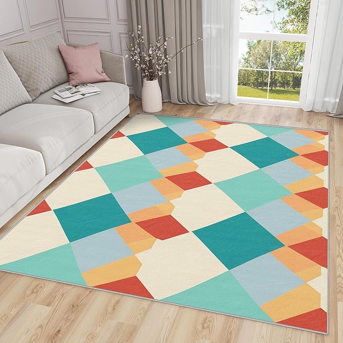 Geometric Indoor Rugs for Entryway - 2x3ft - Colorful Retro Mid Century Modern Washable Non Slip Low Pile Small Area Rug for Bedroom, Geometric Carpet Home Decor & Gifts