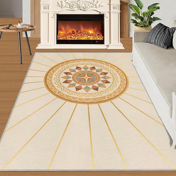 Boho Sun Area Rugs 6x8ft, Minimalist Line Living Room Area Rug, Geometric Solar Play Rug with Carpet Tape Double Sided for Bedroom Office Home Decor