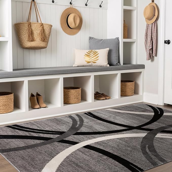 Rugshop Wavy Circles Design Area Rug, Fade-Resistant Carpet for Living Room, Dining Room, or Bedroom, Gray, 6'6" x 9'