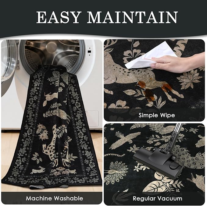 Moynesa Vintage Animal Washable Area Rugs 5x7, Retro Black Gold Area Rug for Bedroom Living Room Dining Room Office Study, Low Pile Soft Non-Slip Lightweight Carpets for Home Decor