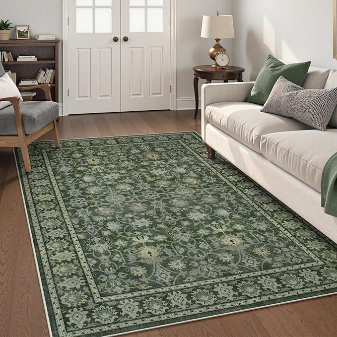 LIVEBOX Washable Area Rug 5x7 - Large Green Boho Living Room Rug Vintage Rugs for Bedroom, Lightweight Retro Carpet Floral Accent Rugs for Dining Room High Traffic Area