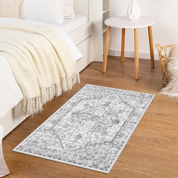 KOZYFLY Small Area Rug 2x3 Ft Rugs for Entryway Washable Boho Entry Rug Non Slip Door Mat Indoor Entrance Faux Wool Vintage Printed Kitchen Rug Throw Rugs for Entrance Kitchen, Gray