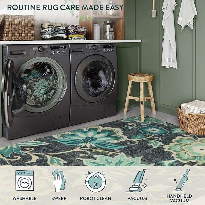 Lahome Floral Machine Washable Area Rugs - 5 x 7 Rugs for Living Room Non-Slip Lightweight Carpet for Bedroom Throw Soft Boho Rug, Blue Paisley Print Indoor Floor Rug for Office Dining Room Kitchen