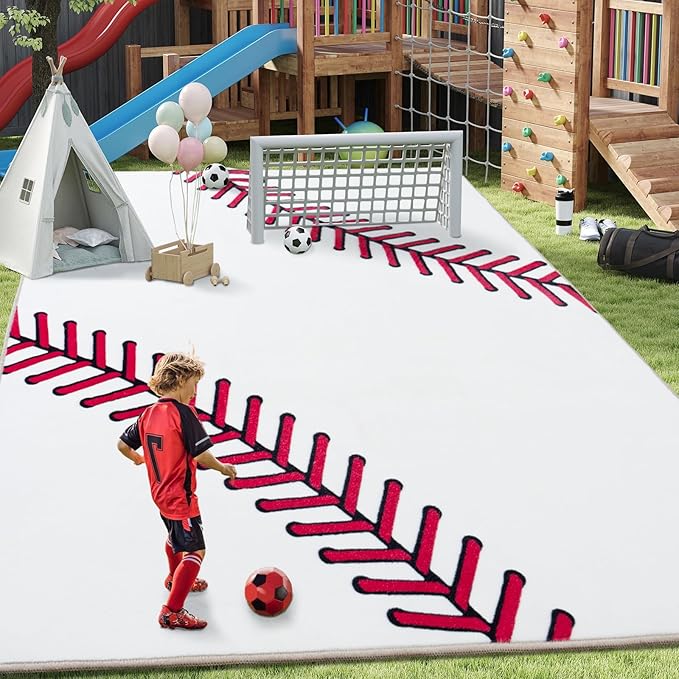 Baseball Soft Area Rug, Cute Bedside Shag Rug for Kids Toddlers Teens, Baseballs Lovers Room Decor Indoor Carpet for Kids Room Bedroom Living Room, Nursery, Machine Washable 6x9 FT