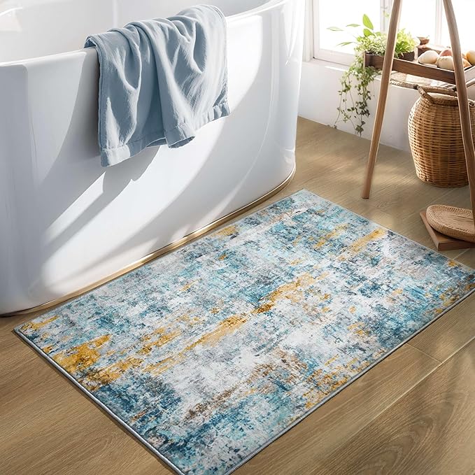 Entrance Rugs Indoor 2x3 Blue Entry Rug Washable Abstract Small Area Rug Non-Slip Low Pile Throw Rugs for Entryway, Kitchen Floor, Front Door Indoor Door Mat, Bathroom, Bedroom Bedside