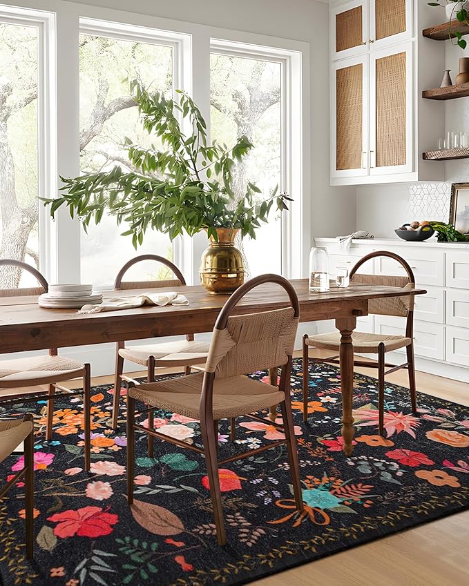 Area Rug 8x10, Washable Large Rugs for Living Room, Non Slip 0.27″ Low Pile Vintage Floral Large Carpet for Bedroom, Living Room, Dining Room, Kids Playroom (Black)