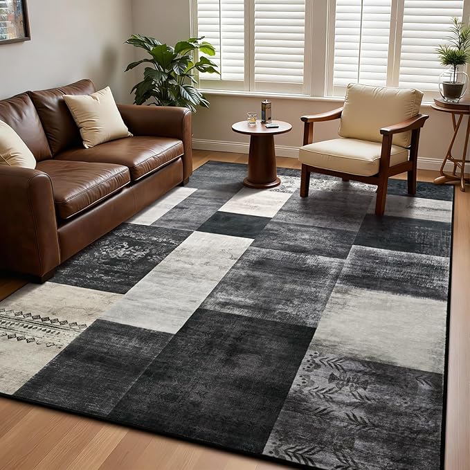 DweIke Washable Area Rugs for Living Room, 5x7 Soft Bedroom Rugs, Geometric Print Non-Slip Modern Rug, Stain Resistant Throw Carpets for Office Nursery Dining Room Home Dorm Decor, Black and White