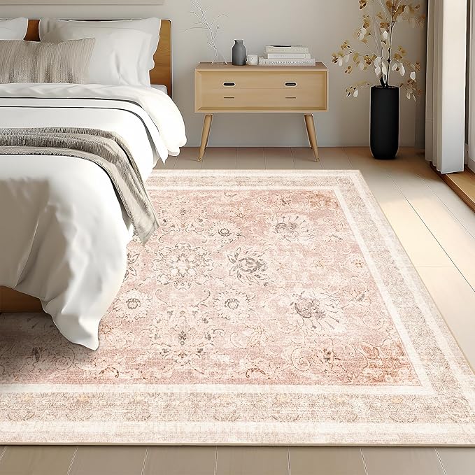 Phantoscope Washable Area Rug 9'x12' Non-Slip, Vintage Neutral Rugs for Living Room, Bedroom, Dining Room, Distressed Boho Floral Medallion Pattern, Low-Pile Foldable Floor Carpet, Soft Pink/Beige