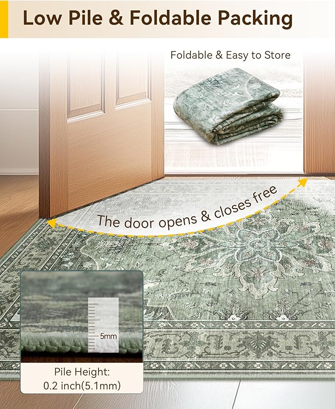 Area Rugs 3'x10' Washable Non-Slip, Floral Vintage Distress Print Pattern Medallion Carpet for Living Room Bedroom Dining Room, Dark Green Gray